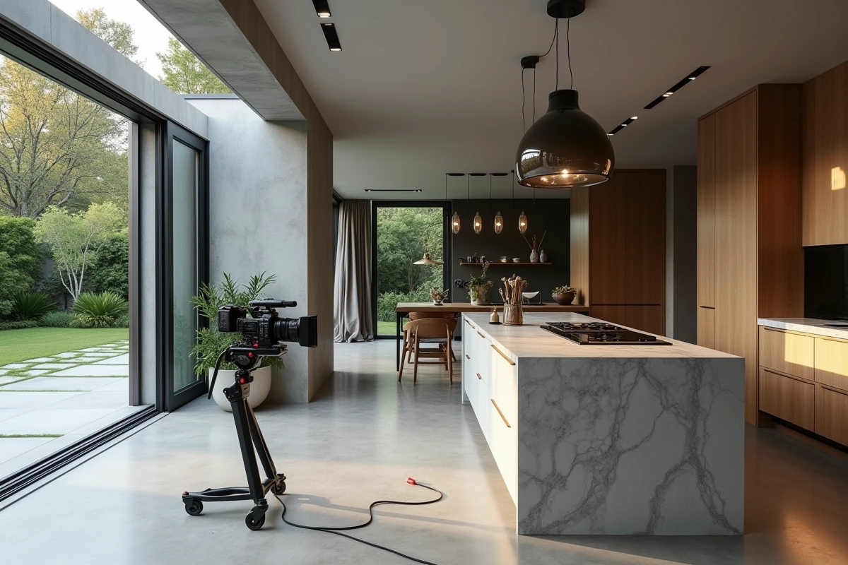 Cuisine contemporaine de villa de luxe préparée pour un tournage publicitaire haut de gamme avec matériel cinématographique