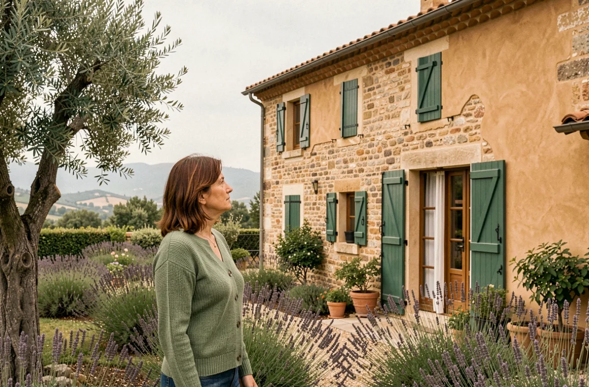 Femme évaluant sa villa provençale entourée de lavande à Manosque pour une assurance habitation