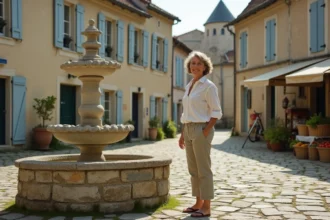 Place de village typique de la Creuse avec une femme faisant ses courses au marché local, maisons en granit et fontaine ancienne