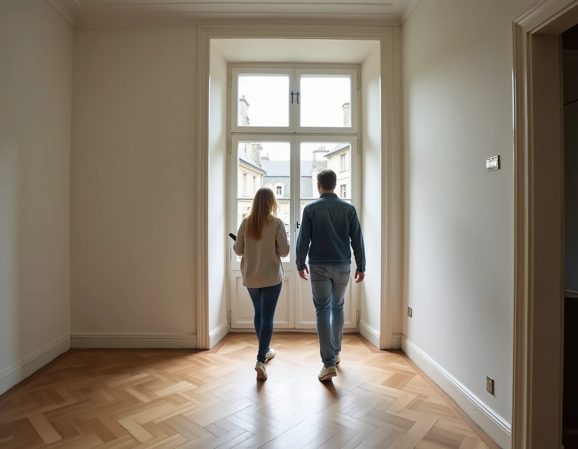 Couple visitant un appartement en location vide dans un village près de Guer en Bretagne