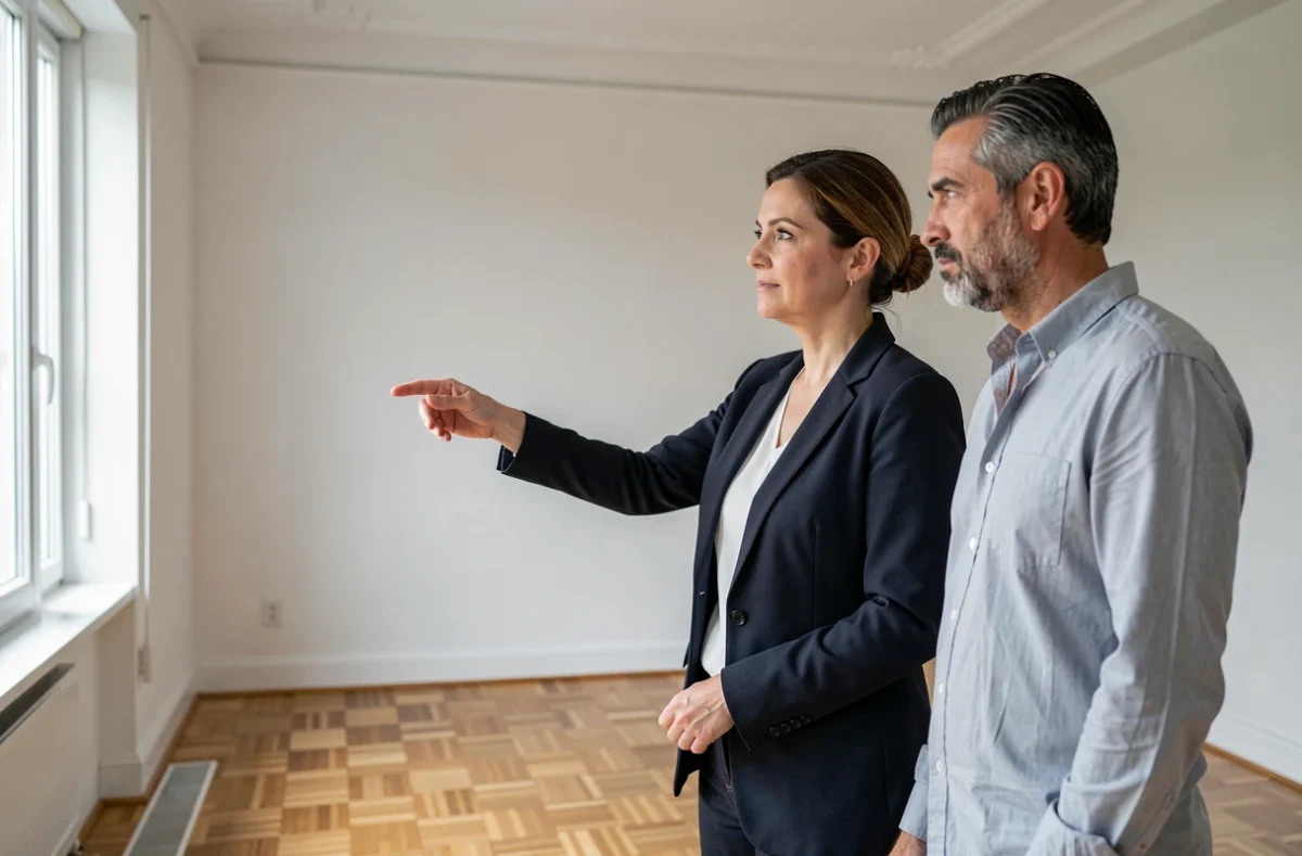 Agent immobilier présentant une maison vide à un couple lors d'une visite, mettant en valeur l'espace et le parquet