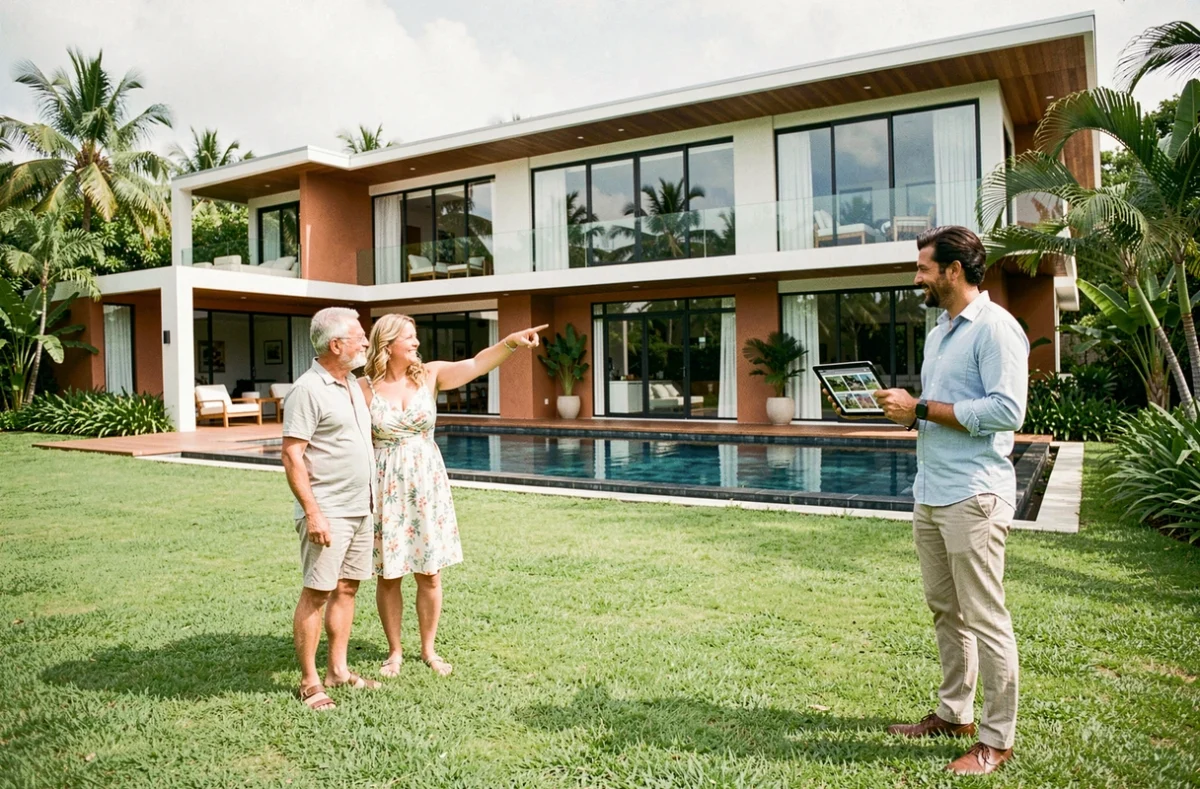 Couple visitant une villa de luxe à vendre à l'île Maurice avec un agent immobilier local