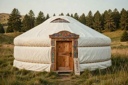 Yourte traditionnelle à vendre dans un pré verdoyant avec panneau de vente devant l'entrée en bois